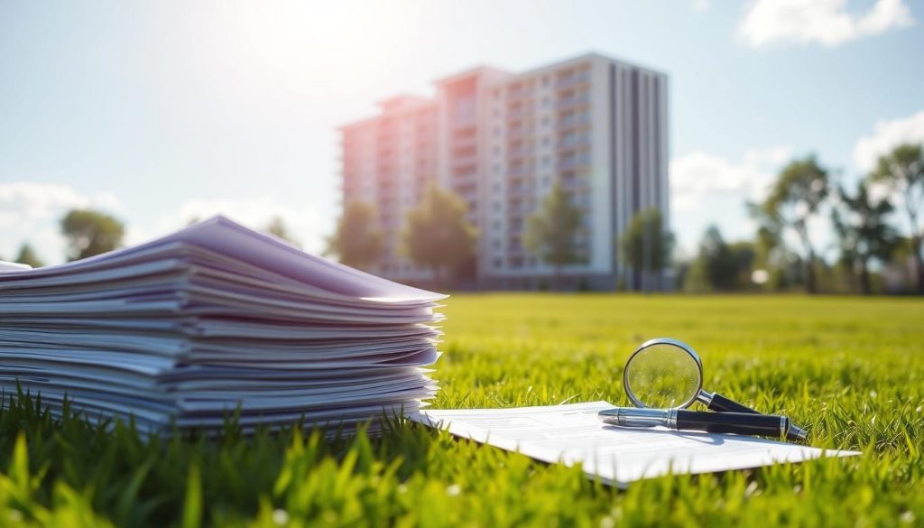 A sun-drenched parcel of land, its lush greenery and warm tones conveying a sense of property and security. In the foreground, a stack of documents, meticulously organized, symbolizing the legal and financial aspects of property ownership. The middle ground features a calculator, a pen, and a magnifying glass, suggesting the careful consideration of tax implications and relief opportunities. In the background, a modern, minimalist building stands tall, representing the stability and value of real estate investments. The overall atmosphere is one of financial responsibility, attention to detail, and the empowering feelings of property ownership and tax-related benefits.