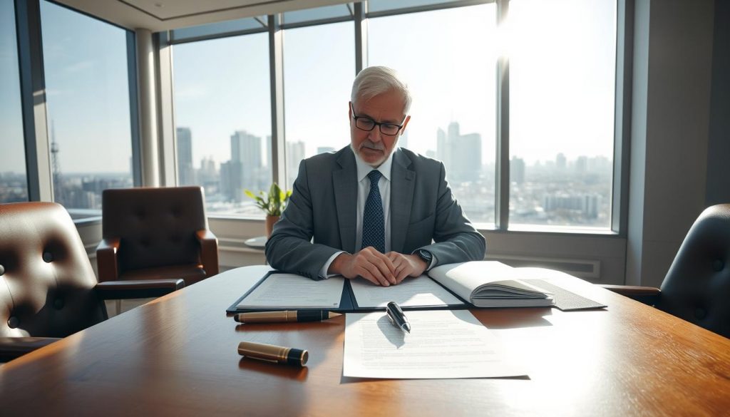 A sunlit, modern office interior with a wooden desk, comfortable leather chairs, and floor-to-ceiling windows overlooking a city skyline. On the desk, various legal documents, a fountain pen, and a contemplative senior professional reviewing the trust setup process. The lighting is soft and natural, creating a sense of thoughtfulness and attention to detail. The overall atmosphere conveys an air of professionalism, trust, and careful consideration of financial and legal matters. A sunlit, modern office interior with a wooden desk, comfortable leather chairs, and floor-to-ceiling windows overlooking a city skyline. On the desk, various legal documents, a fountain pen, and a contemplative senior professional reviewing the trust setup process. The lighting is soft and natural, creating a sense of thoughtfulness and attention to detail. The overall atmosphere conveys an air of professionalism, trust, and careful consideration of financial and legal matters.