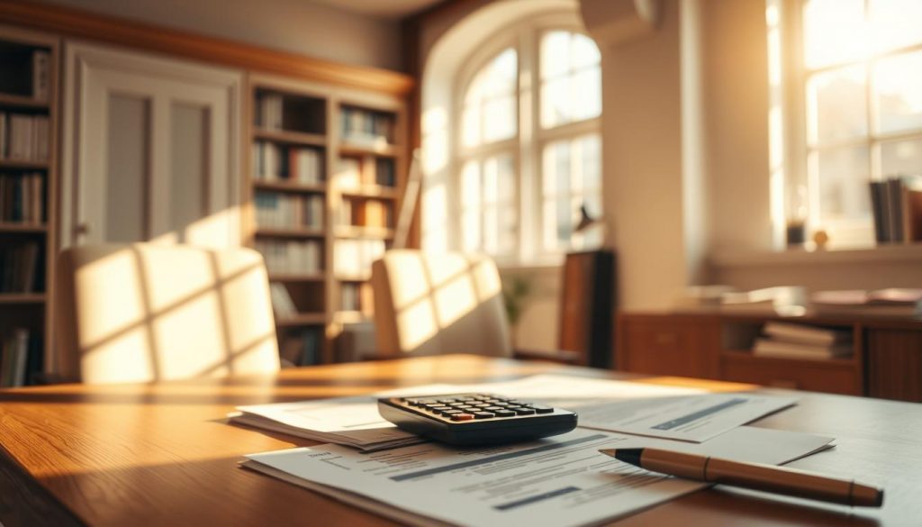 A sunlit office interior, the warm glow of a wooden desk illuminated by a large window. On the desk, financial documents, a calculator, and a pen neatly arranged, conveying the meticulous planning of inheritance tax. In the background, bookshelves line the walls, hinting at the wealth of knowledge needed to navigate the complexities of estate planning. The room exudes an air of professionalism and expertise, reflecting the careful consideration required to maximize the Nil Rate Band and minimize the impact of inheritance tax. A sunlit office interior, the warm glow of a wooden desk illuminated by a large window. On the desk, financial documents, a calculator, and a pen neatly arranged, conveying the meticulous planning of inheritance tax. In the background, bookshelves line the walls, hinting at the wealth of knowledge needed to navigate the complexities of estate planning. The room exudes an air of professionalism and expertise, reflecting the careful consideration required to maximize the Nil Rate Band and minimize the impact of inheritance tax.