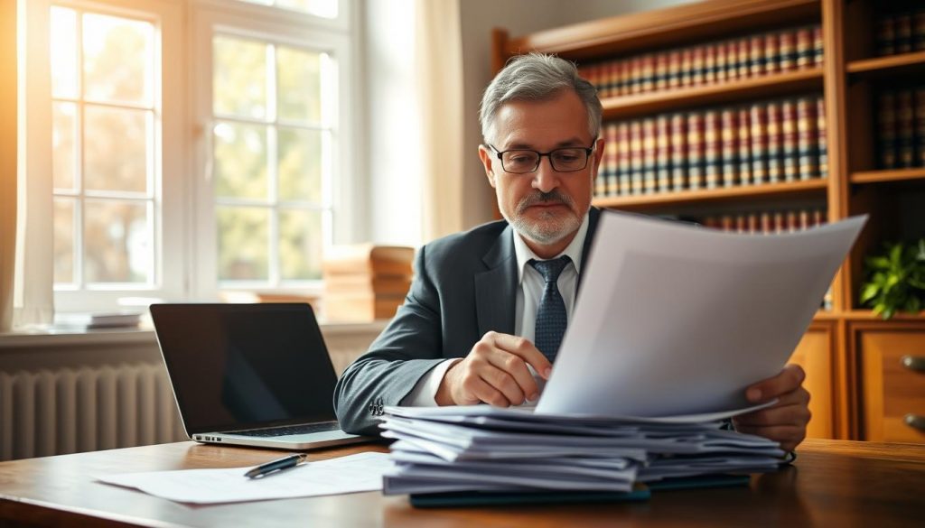 A sunny, well-lit office interior with a wooden desk and a laptop. In the foreground, a middle-aged person in a suit sits with a focused expression, reviewing documents related to inheritance tax. On the desk, a stack of papers and a pen, symbolizing the responsibilities of handling inheritance tax payments. The background features shelves with legal books, suggesting an authoritative, professional setting. The overall atmosphere conveys a sense of diligence and attention to detail required in managing inheritance tax obligations.