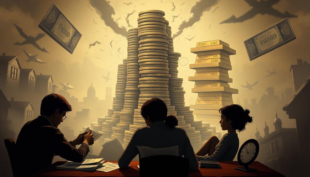 A surreal and thought-provoking illustration of "Inheritance Tax myths". In the foreground, a family gathered around a table, faces obscured by shadows, as they grapple with complex tax documents. In the middle ground, a towering stack of coins and gold bars, representing the perceived wealth and burden of inheritance tax. The background is a hazy, dreamlike landscape, with distorted buildings and a sense of unease. The lighting is moody and dramatic, casting deep shadows and highlighting the tension in the scene. The overall atmosphere conveys the confusion and misconceptions surrounding this complex financial topic. A surreal and thought-provoking illustration of "Inheritance Tax myths". In the foreground, a family gathered around a table, faces obscured by shadows, as they grapple with complex tax documents. In the middle ground, a towering stack of coins and gold bars, representing the perceived wealth and burden of inheritance tax. The background is a hazy, dreamlike landscape, with distorted buildings and a sense of unease. The lighting is moody and dramatic, casting deep shadows and highlighting the tension in the scene. The overall atmosphere conveys the confusion and misconceptions surrounding this complex financial topic.