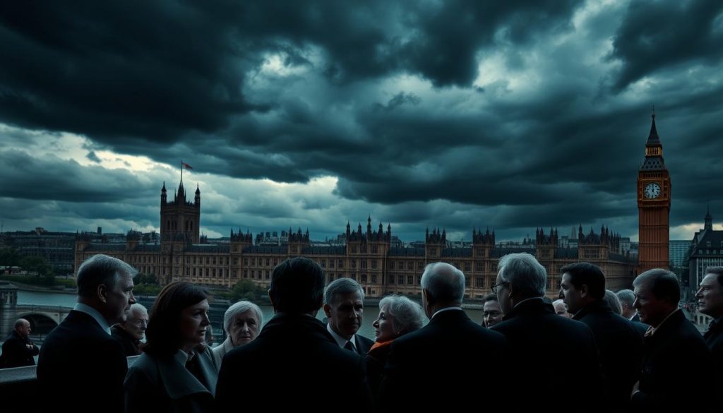 A sweeping panoramic view of the Palace of Westminster, the iconic home of the UK government, under a stormy, brooding sky. In the foreground, a group of politicians engaged in heated debate, their expressions reflecting the ongoing discussions surrounding inheritance tax reform. The scene conveys a sense of tension and uncertainty, as the future of this contentious issue hangs in the balance. Dramatic chiaroscuro lighting casts dramatic shadows, adding to the sense of gravity. The overall atmosphere evokes the complex and politically charged nature of the inheritance tax debate in the UK.