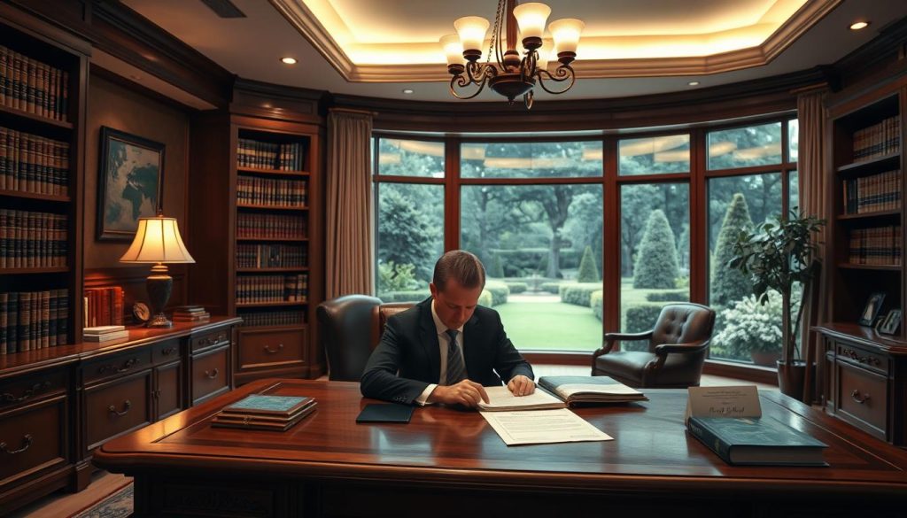 A tastefully decorated office interior with warm lighting and a large mahogany desk. In the foreground, a person is seated, carefully reviewing legal documents related to establishing a trust. The middle ground features a bookshelf filled with law volumes, creating an air of professionalism and expertise. The background showcases a panoramic window overlooking a serene garden, symbolizing the privacy and security a trust can provide. The overall scene conveys a sense of thoughtfulness, diligence, and the importance of protecting one's assets and legacy. A tastefully decorated office interior with warm lighting and a large mahogany desk. In the foreground, a person is seated, carefully reviewing legal documents related to establishing a trust. The middle ground features a bookshelf filled with law volumes, creating an air of professionalism and expertise. The background showcases a panoramic window overlooking a serene garden, symbolizing the privacy and security a trust can provide. The overall scene conveys a sense of thoughtfulness, diligence, and the importance of protecting one's assets and legacy.
