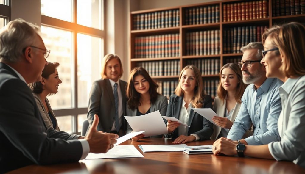 A team of professional estate planning specialists gathered around a conference table, engaged in thoughtful discussion. Soft, natural lighting filters through large windows, casting a warm glow on their focused expressions. In the foreground, a senior advisor gestures animatedly, presenting documents to the group. Middle ground features a diverse mix of younger and experienced planners, attentively listening and taking notes. The background showcases bookshelves filled with legal tomes, suggesting the depth of their expertise. An air of quiet confidence and dedication permeates the scene, conveying the specialists' commitment to securing their clients' financial futures.