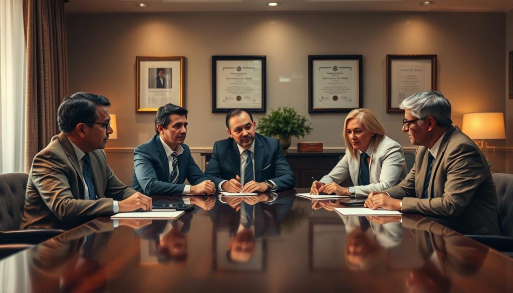 A team of sophisticated and trustworthy consultants seated around a polished mahogany table, deep in discussion. Warm, ambient lighting casts a professional glow, highlighting their thoughtful expressions. The scene exudes an air of expertise and confidence, conveying the reliable guidance and sound counsel they provide. Framed certificates and awards adorn the walls, reinforcing their credibility. The room's elegant decor and subdued color palette create a sense of authority and composure, reflecting the consultants' ability to handle complex financial matters with care and discretion. A team of sophisticated and trustworthy consultants seated around a polished mahogany table, deep in discussion. Warm, ambient lighting casts a professional glow, highlighting their thoughtful expressions. The scene exudes an air of expertise and confidence, conveying the reliable guidance and sound counsel they provide. Framed certificates and awards adorn the walls, reinforcing their credibility. The room's elegant decor and subdued color palette create a sense of authority and composure, reflecting the consultants' ability to handle complex financial matters with care and discretion.