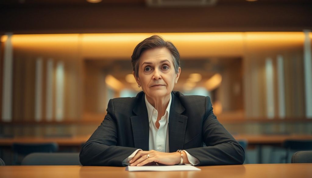 A thoughtful, calm individual sitting at a table, dressed in professional attire, with a serene expression on their face. They are surrounded by a warm, inviting atmosphere with soft lighting, giving an air of authority and wisdom. The background is slightly blurred, emphasizing the subject's focus and decision-making capabilities. The image conveys a sense of trust, reliability, and the ability to handle important matters with care and consideration.