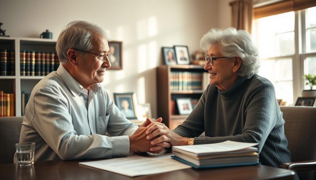 A thoughtful elderly couple discussing legal documents, their hands clasped over a table in a cozy, sun-dappled home office. Warm, diffused lighting accentuates their expressions of mutual understanding and trust. In the background, shelves of law books and framed family photos convey a sense of security and legacy. The scene evokes the enduring power of attorney's benefits - peace of mind, shared decision-making, and the comfort of having a trusted plan in place.