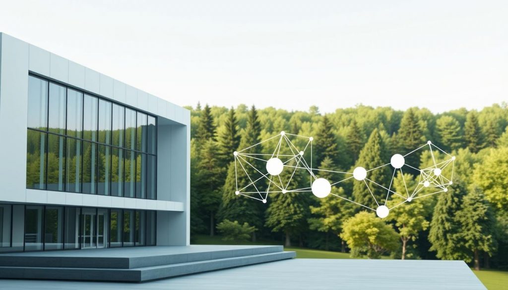 A three-dimensional architectural rendering depicting various trust structures for reducing inheritance tax. In the foreground, a minimalist modern building with clean lines and sleek glass facades, symbolizing the streamlined and efficient nature of trust-based estate planning. In the middle ground, a series of interconnected geometric shapes and forms, representing the complex web of legal and financial instruments that comprise a trust. In the background, a lush, verdant landscape with towering trees and a calming, serene atmosphere, conveying the long-term, generational mindset of trust-based wealth preservation. The overall lighting is soft and diffused, creating a sense of tranquility and professionalism. The camera angle is slightly elevated, giving the viewer a bird's-eye perspective on the trust structures.