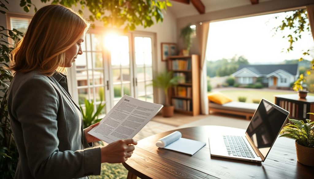 A tranquil home nestled in a lush garden, the sun's warm rays filtering through the windows, illuminating the graceful transfer of property deeds. In the foreground, a professional realtor gestures towards detailed documents, guiding the homeowners through the steps of placing their house in a living trust. The middle ground reveals a cozy study, bookshelves lining the walls, a laptop open, signifying the administrative process. In the background, a panoramic view of the property, showcasing the beauty and security the homeowners will enjoy under the trust's protection. Soft, diffused lighting sets a tone of trust, professionalism, and the peaceful transition of a cherished asset.