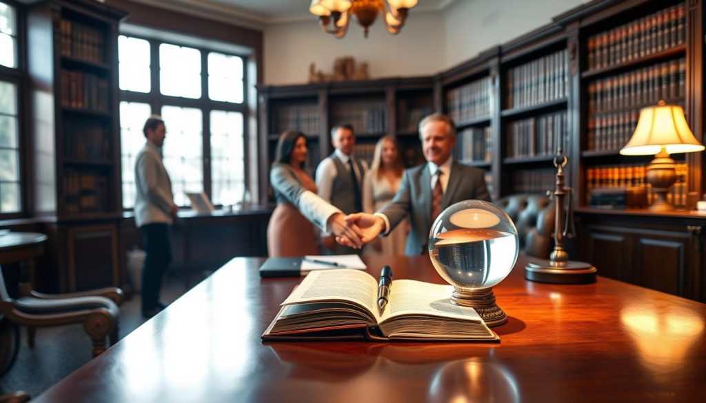 A tranquil office setting, with a well-crafted mahogany desk at the center. On the desk, an open book, a trusty fountain pen, and a delicate glass paperweight reflecting the warm glow of a table lamp. Shelves of leather-bound tomes line the walls, casting a scholarly ambiance. Soft natural light filters through large windows, creating a sense of openness and transparency. In the foreground, a handshake symbolizes the creation of a trust, while in the background, a family gathers, their faces expressing the confidence and security they feel in the estate planning process.