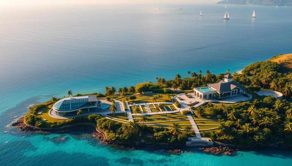 A tranquil offshore island setting, with a sprawling estate nestled amidst lush tropical foliage. In the foreground, a sleek, modern glass-and-steel structure, its clean lines and elegant design exuding an air of sophistication and exclusivity. The middle ground features a maze of interconnected pathways and manicured gardens, hinting at the intricate web of offshore trust structures. In the background, the vast expanse of the azure ocean, dotted with the silhouettes of yachts and sailboats, creating a serene and secluded atmosphere. The scene is illuminated by warm, golden sunlight, casting a soft, ethereal glow over the entire landscape. The overall impression is one of wealth, privacy, and carefully orchestrated legal and financial security.