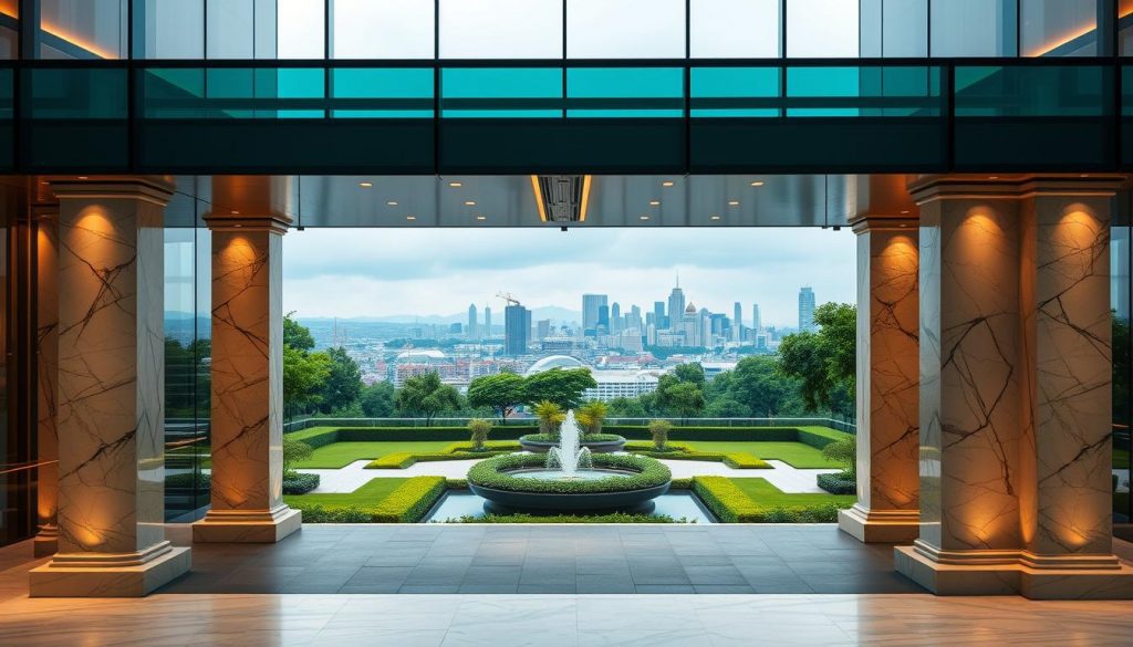 A tranquil scene of a well-maintained trust fund, a symbol of financial security and stability. In the foreground, a sleek, modern glass building with clean lines and a professional atmosphere. The entrance is flanked by elegant marble columns, casting warm, soft lighting across the scene. In the middle ground, a manicured garden with lush greenery and a serene water feature, representing the growth and nurturing of family wealth. The background features a panoramic view of a thriving city skyline, hinting at the broader economic landscape that supports the trust fund's prosperity. The overall mood is one of confidence, reliability, and a steadfast commitment to the family's financial future.