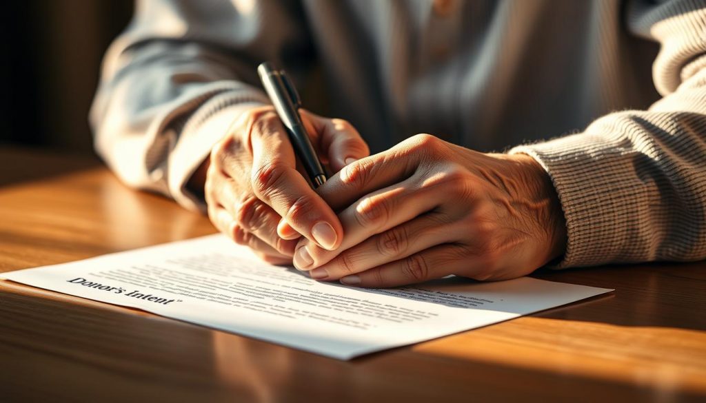 A tranquil scene of an elderly person's hands gently clasping a legal document, conveying the profound significance of the "donor's intent." The document is bathed in soft, warm lighting, casting a contemplative glow on the hands. The background is blurred, placing the focus on the act of signing, a gesture imbued with a sense of care, trust, and a weighty decision. The image exudes a solemn, introspective mood, capturing the gravity and personal nature of this legal transaction.