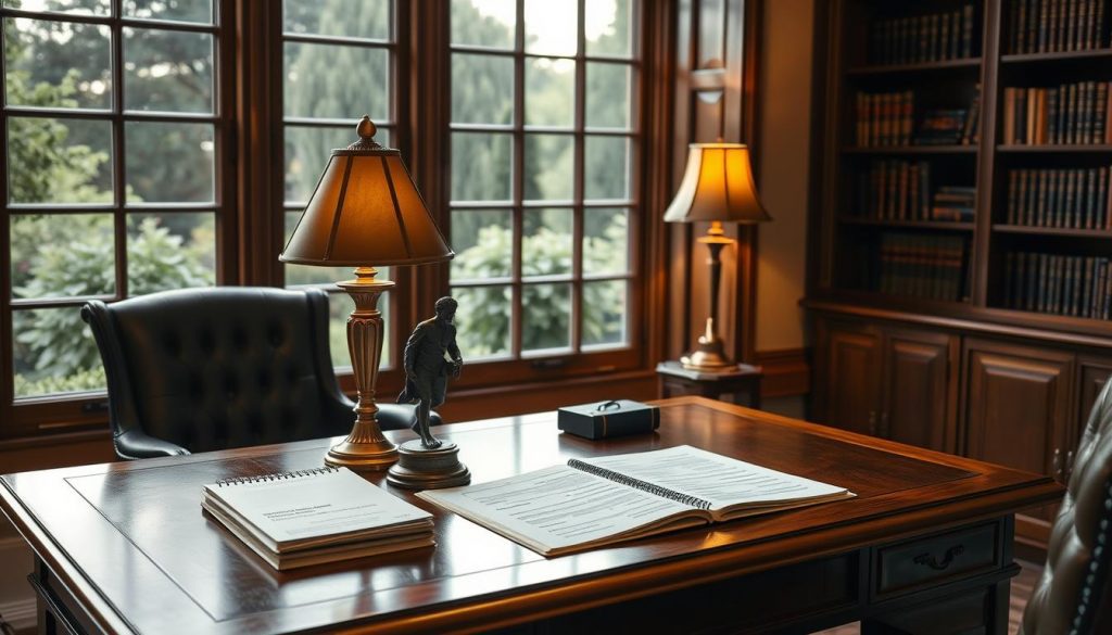 A tranquil study with a dignified oak desk, a leather armchair, and a large window overlooking a lush garden. The soft, warm lighting creates a contemplative atmosphere. On the desk, financial documents and a vintage brass lamp sit alongside a bronze statuette symbolizing wealth and inheritance. Bookshelves line the walls, hinting at the owner's expertise in estate planning. The scene conveys a sense of thoughtful, tax-efficient financial strategies passed down through generations. A tranquil study with a dignified oak desk, a leather armchair, and a large window overlooking a lush garden. The soft, warm lighting creates a contemplative atmosphere. On the desk, financial documents and a vintage brass lamp sit alongside a bronze statuette symbolizing wealth and inheritance. Bookshelves line the walls, hinting at the owner's expertise in estate planning. The scene conveys a sense of thoughtful, tax-efficient financial strategies passed down through generations.