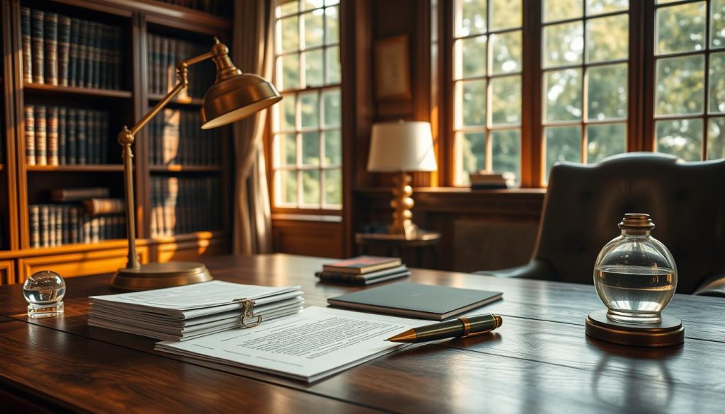 A tranquil study with warm, natural lighting filters through the windows, illuminating a large oak desk adorned with a brass desk lamp, a stack of legal documents, and a smooth glass paperweight. Alongside rests a silver fountain pen, its nib poised to chart the course of a family's legacy. Bookshelves line the walls, their leather-bound volumes whispering of generations past. A comfortable leather chair invites contemplation, as the soft glow of the desk lamp casts a gentle ambiance, symbolizing the thoughtful planning and care required to protect one's family's future.