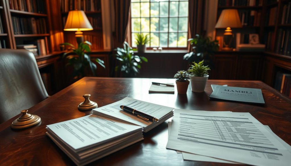 A tranquil study with warm, soft lighting illuminating a mahogany desk. On the desk, a stack of financial documents sits alongside a brass paperweight, a vintage fountain pen, and a potted plant. The walls are lined with bookshelves, creating a cozy, scholarly atmosphere. Through a window, a lush garden is visible, hinting at the wealth and legacy this room represents. The overall scene conveys a sense of thoughtful financial planning and the secure transfer of assets, reflecting the "Transferring the Nil Rate Band" subject.