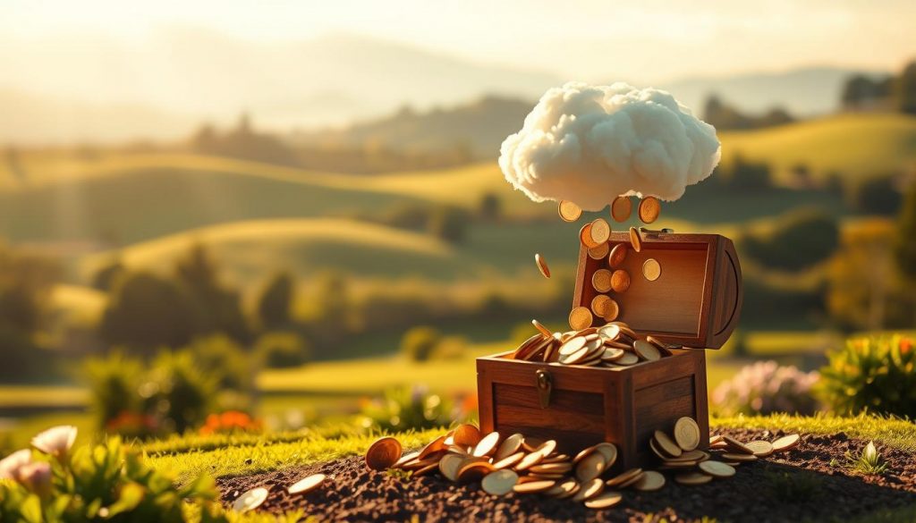 A tranquil, sun-dappled scene of a child's trust fund, with a whimsical, cloud-like swirl of golden coins floating gently above a beautifully manicured garden. In the foreground, a small, wooden treasure chest sits open, spilling forth a cascade of sparkling, metallic coins. The background features a serene, pastoral landscape with rolling hills, lush greenery, and a soft, hazy sky. Warm, diffused lighting casts a gentle glow over the entire scene, creating a sense of comfort and security. The overall mood is one of nurturing, growth, and the promise of a secure financial future for the child.