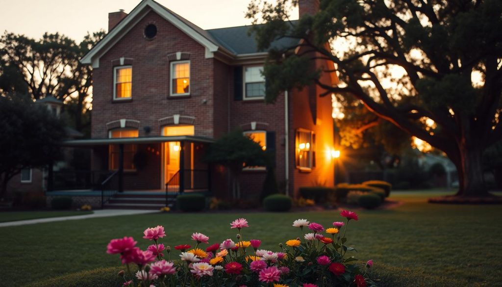 A two-story traditional brick family home nestled in a lush, well-manicured garden. The exterior features a welcoming porch and large windows, bathed in warm, golden evening light. The home's cozy, inviting atmosphere is accentuated by soft, diffused lighting peeking through the windows. In the foreground, a well-tended flowerbed adds a splash of vibrant color, while the background features a neatly trimmed lawn and a row of mature oak trees. The scene conveys a sense of generational stability, comfort, and the enduring legacy of a family's cherished dwelling.