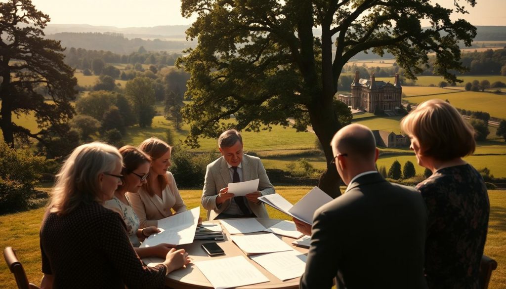 A vast estate in the British countryside, the sunlight filtering through the stately trees. In the foreground, a family gathered, their expressions somber as they discuss the burden of inheritance tax. In the middle ground, an accountant poring over documents, explaining the complexities of the tax system. The background is a tapestry of rolling hills and distant manor houses, a testament to the wealth that must be navigated. The lighting is warm and muted, capturing the gravity of the situation. The lens is wide, providing a sweeping view of the scene, emphasizing the weight of the decisions at hand.