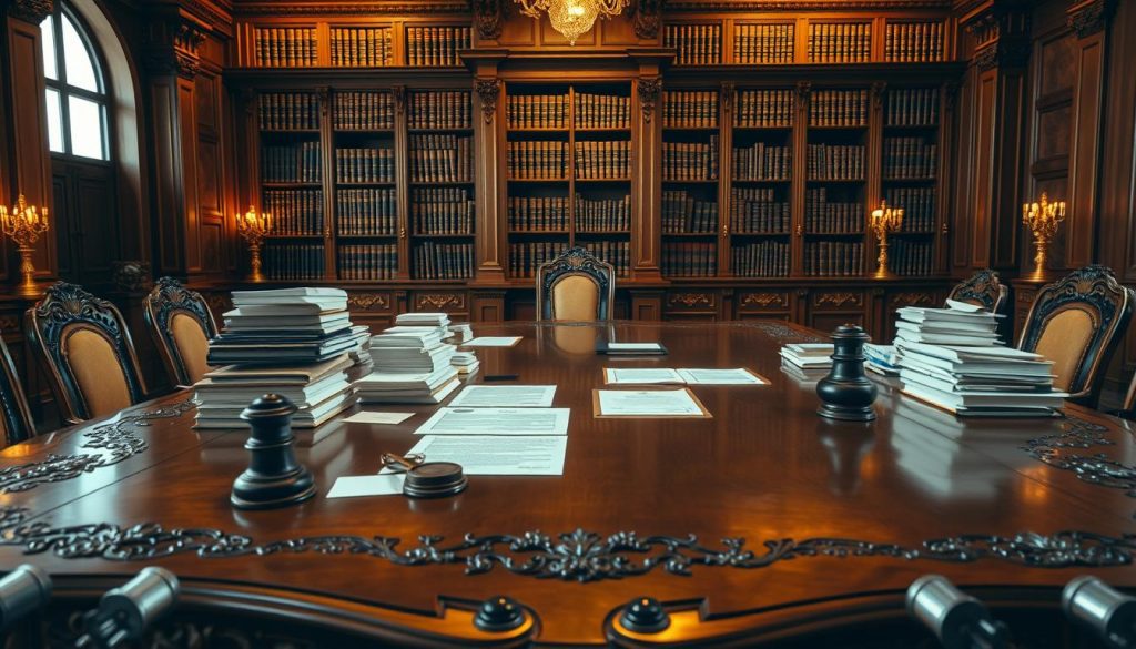 A vast, ornate wooden table dominates the scene, its intricate carvings and polished surface reflecting the warm, golden lighting above. Stacks of legal documents, seals, and official stamps lie scattered across the table, hinting at the weighty matters addressed within this high-stakes legal framework. In the background, a towering bookshelf filled with leather-bound volumes lends an air of authority and gravitas to the proceedings. The overall atmosphere conveys the solemnity and significance of the power of attorney process, with a sense of formality and careful deliberation permeating the space. A vast, ornate wooden table dominates the scene, its intricate carvings and polished surface reflecting the warm, golden lighting above. Stacks of legal documents, seals, and official stamps lie scattered across the table, hinting at the weighty matters addressed within this high-stakes legal framework. In the background, a towering bookshelf filled with leather-bound volumes lends an air of authority and gravitas to the proceedings. The overall atmosphere conveys the solemnity and significance of the power of attorney process, with a sense of formality and careful deliberation permeating the space.