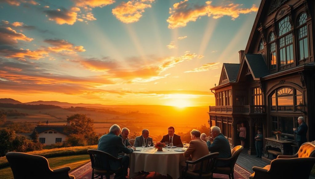 A vast, sprawling manor set against a backdrop of rolling hills and a vibrant sunset sky. In the foreground, a well-dressed family gathers around a table, discussing the transfer of their family's substantial wealth. Beams of warm, golden light filter through the ornate windows, casting a glow on the intricate wood paneling and luxurious furnishings. The scene exudes a sense of generational legacy, as the elders share their wisdom with the younger generation, ensuring the preservation of their family's financial legacy.