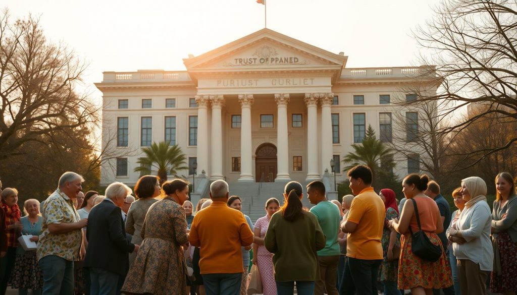 A vibrant, charitable organization stands in the foreground, its members engaged in acts of kindness and community service. In the middle ground, a stately, imposing trust building looms, its austere facade and rigid lines in stark contrast to the warmth and dynamism of the charitable group. The background is bathed in a soft, golden light, evoking a sense of hope and purpose. The scene is captured with a wide, cinematic lens, highlighting the juxtaposition between the two entities and their divergent missions.