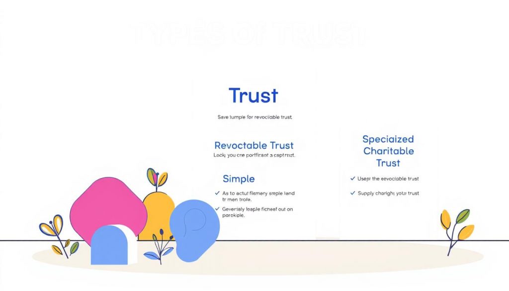 A vibrant, clean-lined illustration showcasing various types of trusts. In the foreground, a series of distinct yet interconnected shapes and forms representing different trust structures - a simple revocable trust, a more complex irrevocable trust, and a specialized charitable trust. The middle ground features a crisp, minimalist layout highlighting the key characteristics of each trust type in a clear, informative manner. The background has a subtle gradient or textured pattern, creating a sense of depth and professionalism. The overall scene conveys a sense of clarity, organization, and attention to detail - traits essential when choosing the right trust for one's financial needs. A vibrant, clean-lined illustration showcasing various types of trusts. In the foreground, a series of distinct yet interconnected shapes and forms representing different trust structures - a simple revocable trust, a more complex irrevocable trust, and a specialized charitable trust. The middle ground features a crisp, minimalist layout highlighting the key characteristics of each trust type in a clear, informative manner. The background has a subtle gradient or textured pattern, creating a sense of depth and professionalism. The overall scene conveys a sense of clarity, organization, and attention to detail - traits essential when choosing the right trust for one's financial needs.
