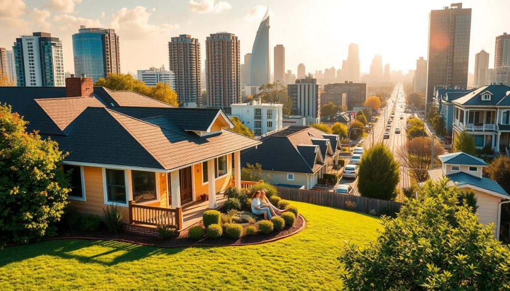 A vibrant, high-resolution image showcasing the benefits of Hold Over Relief for residential properties. In the foreground, a warm, inviting home with a well-manicured lawn and lush greenery. In the middle ground, a family enjoying the comfort and security of their property, surrounded by a peaceful, sun-dappled setting. In the background, a cityscape with towering skyscrapers and bustling streets, emphasizing the contrast between the tranquility of the home and the hustle of the urban environment. The lighting is soft and natural, casting a golden glow over the scene. The lens is wide-angle, capturing the entirety of the residential setting and its surrounding context. The overall mood is one of contentment, stability, and the value of residential property protections.