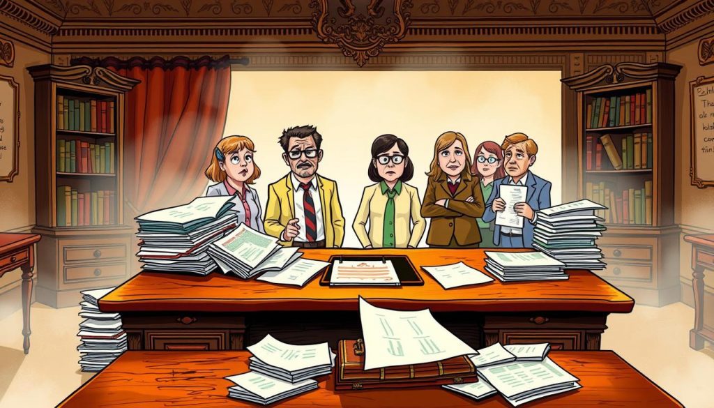 A vibrant illustration depicting the public's perception of inheritance tax exemptions. In the foreground, a large, ornate oak desk dominates the scene, symbolizing the complex bureaucracy surrounding inheritance tax. On the desk, a series of documents and ledgers spill out, conveying the overwhelming paperwork and regulations. In the middle ground, a group of concerned citizens stand with furrowed brows, discussing the perceived unfairness of the tax system. The background is hazy, suggesting the uncertainty and confusion surrounding inheritance tax exemptions. The overall mood is one of frustration and bewilderment, with a sense of the disconnect between the public's understanding and the actual policy.