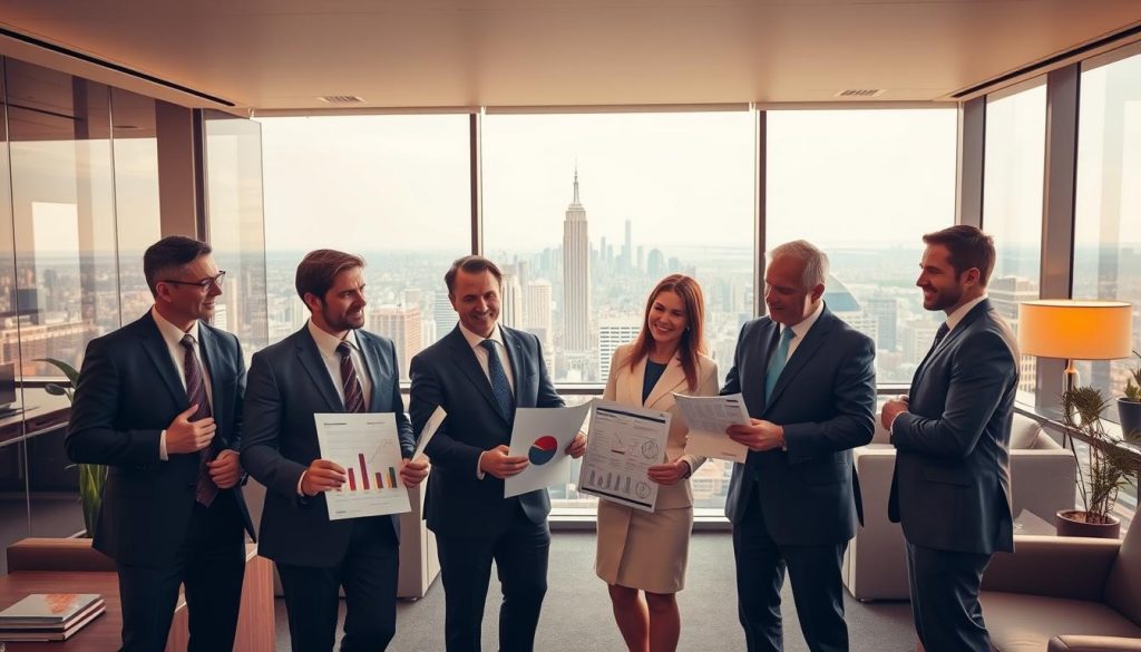 A vibrant, professional scene of insurance providers offering inheritance tax solutions. In the foreground, a group of smartly dressed financial advisors stand amidst sleek office decor, gesturing towards informative documents and charts. The middle ground features a panoramic view of a bustling city skyline, conveying a sense of stability and prosperity. Warm, natural lighting filters through floor-to-ceiling windows, creating a welcoming atmosphere. The overall tone is one of authority, expertise, and a commitment to safeguarding clients' financial legacies. The image exudes a sense of trust and reliability, perfectly suited to illustrate the "Choosing the Right Insurance Provider" section of the article. A vibrant, professional scene of insurance providers offering inheritance tax solutions. In the foreground, a group of smartly dressed financial advisors stand amidst sleek office decor, gesturing towards informative documents and charts. The middle ground features a panoramic view of a bustling city skyline, conveying a sense of stability and prosperity. Warm, natural lighting filters through floor-to-ceiling windows, creating a welcoming atmosphere. The overall tone is one of authority, expertise, and a commitment to safeguarding clients' financial legacies. The image exudes a sense of trust and reliability, perfectly suited to illustrate the "Choosing the Right Insurance Provider" section of the article.