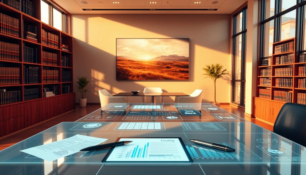 A virtual estate planning office, bathed in warm, natural lighting from large windows. In the foreground, a sleek, modern desk with a holographic interface displaying financial data and legal documents. On the desk, a pen and a tablet, ready for digital signatures. In the middle ground, comfortable chairs and a holographic conference table, creating a space for client meetings. The background features floor-to-ceiling bookshelves filled with legal tomes and a large, abstract landscape painting, conveying a sense of expertise and professionalism. The overall atmosphere is one of security, innovation, and thoughtful attention to detail. A virtual estate planning office, bathed in warm, natural lighting from large windows. In the foreground, a sleek, modern desk with a holographic interface displaying financial data and legal documents. On the desk, a pen and a tablet, ready for digital signatures. In the middle ground, comfortable chairs and a holographic conference table, creating a space for client meetings. The background features floor-to-ceiling bookshelves filled with legal tomes and a large, abstract landscape painting, conveying a sense of expertise and professionalism. The overall atmosphere is one of security, innovation, and thoughtful attention to detail.