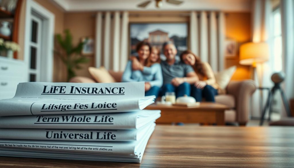 A vivid display of life insurance types, captured in a photorealistic montage. In the foreground, a stack of insurance policies - term, whole life, and universal life - meticulously detailed. The middle ground showcases a family portrait, conveying the importance of safeguarding loved ones. In the background, a warm, inviting living room setting, highlighting the role of life insurance in final planning. Soft, diffused lighting casts a thoughtful, reassuring atmosphere. Captured with a wide-angle lens to emphasize the interconnectedness of these essential financial instruments and their impact on families' futures.