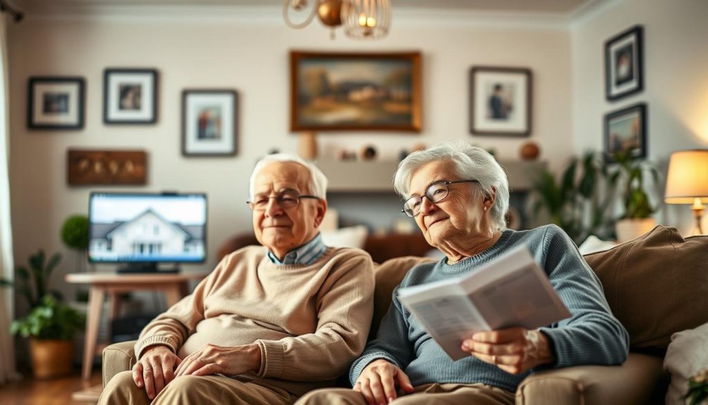 A warm and inviting family home, the centerpiece of a property protection scheme. In the foreground, an elderly couple sit comfortably, their assets safeguarded from potential care fees. Soft lighting illuminates their peaceful expressions, conveying a sense of security and tranquility. In the middle ground, financial documents and a computer monitor suggest the thoughtful planning and legal protections in place. The background features a cozy living room, with framed family photos and personal mementos, creating a homely, lived-in atmosphere. This image captures the essence of using property protection to preserve one's assets and maintain control over one's financial future.
