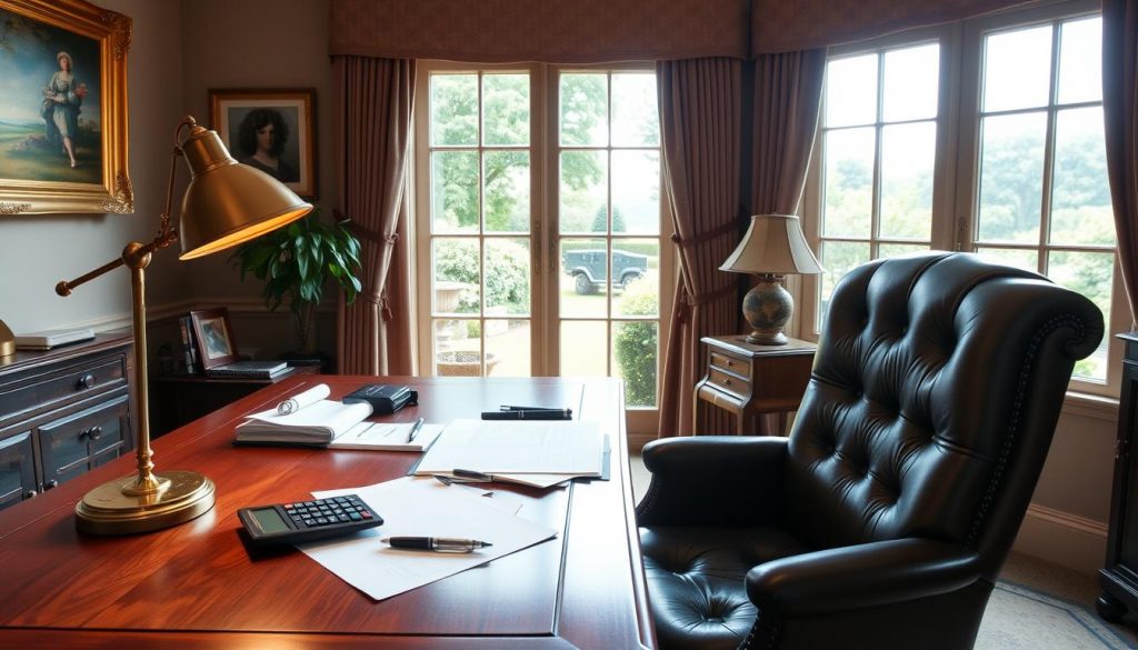 A warm, cozy home office with a large wooden desk, brass desk lamp, and a plush leather chair. On the desk, a calculator, a pen, and financial documents are neatly organized, conveying a sense of thoughtful wealth management. The windows behind the desk offer a serene view of a lush garden, bathed in soft, natural light. The walls are adorned with tasteful artwork, creating an atmosphere of refined sophistication. The overall scene suggests a professional, yet comfortable setting where important financial decisions are made, including the transfer of a nil rate band.