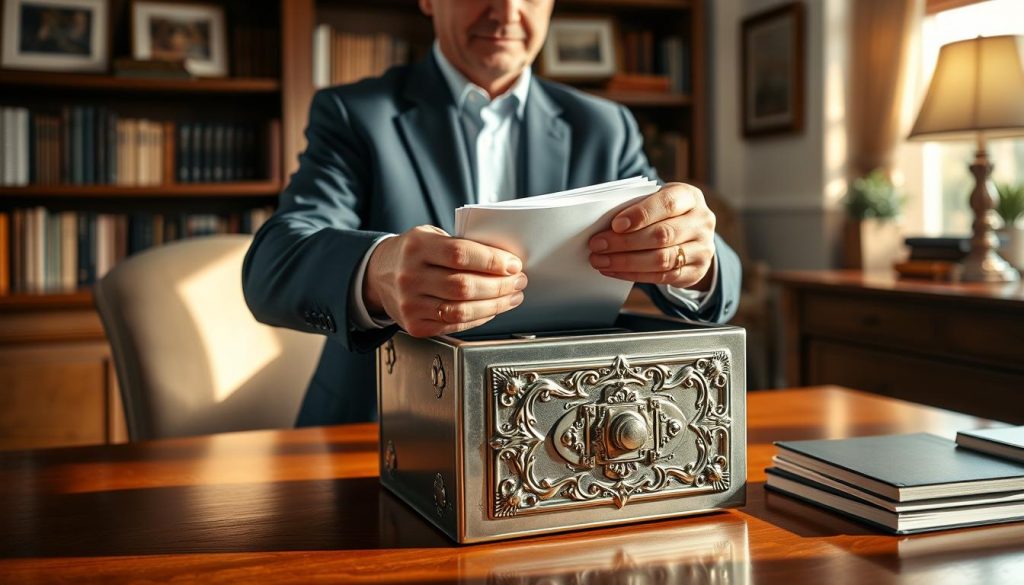 A warm, inviting home office with a wooden desk, where a middle-aged person in formal attire carefully places a stack of documents and envelopes into a secure, ornate metal lockbox, symbolizing the act of putting money in a trust. Soft, natural lighting illuminates the scene, creating a sense of safety and trust. The background features bookshelves and framed artwork, conveying an atmosphere of professionalism and financial responsibility. The composition emphasizes the deliberate and thoughtful nature of the action, reflecting the importance of securing one's assets for the future.