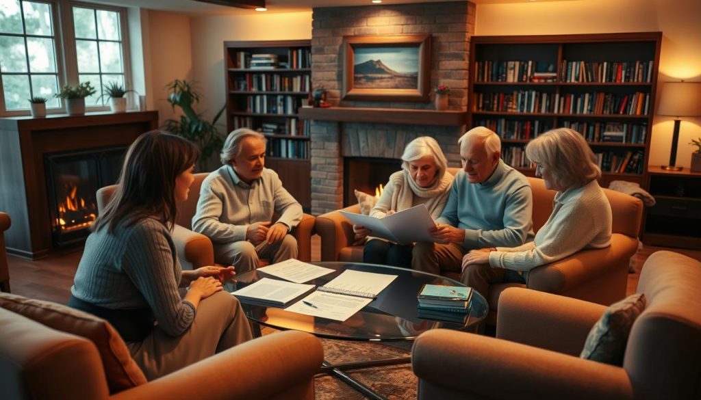 A warm, inviting living room with a cozy fireplace and plush armchairs. In the foreground, a family gathers around a glass-topped coffee table, discussing financial documents and discussing their grandchildren's inheritance. The lighting is soft and ambient, creating a sense of comfort and security. In the background, bookshelves line the walls, suggesting a well-read and knowledgeable family. The overall atmosphere conveys the importance of protecting one's assets and ensuring a stable future for the next generation. A warm, inviting living room with a cozy fireplace and plush armchairs. In the foreground, a family gathers around a glass-topped coffee table, discussing financial documents and discussing their grandchildren's inheritance. The lighting is soft and ambient, creating a sense of comfort and security. In the background, bookshelves line the walls, suggesting a well-read and knowledgeable family. The overall atmosphere conveys the importance of protecting one's assets and ensuring a stable future for the next generation.