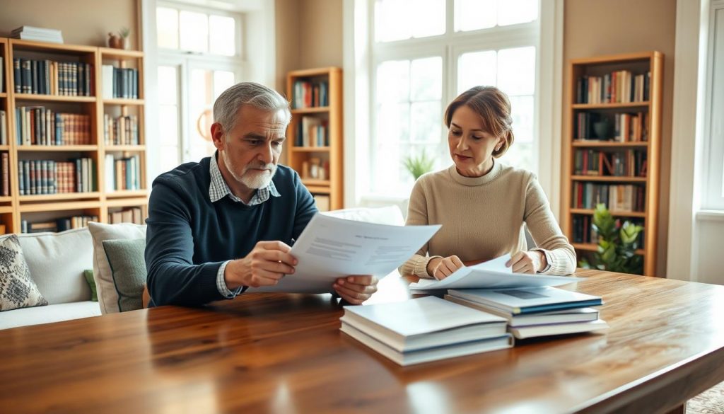 A warm, inviting living room with natural lighting streaming through large windows. On a polished wooden table, a couple sits together, carefully reviewing financial documents and discussing their inheritance tax planning strategy. The husband's brow is furrowed in concentration as he explains the details, while the wife listens intently, her expression thoughtful. Behind them, bookshelves line the walls, filled with volumes on estate planning and taxation. The overall atmosphere is one of diligence and collaboration, as the couple works to ensure a secure financial future for their family. A warm, inviting living room with natural lighting streaming through large windows. On a polished wooden table, a couple sits together, carefully reviewing financial documents and discussing their inheritance tax planning strategy. The husband's brow is furrowed in concentration as he explains the details, while the wife listens intently, her expression thoughtful. Behind them, bookshelves line the walls, filled with volumes on estate planning and taxation. The overall atmosphere is one of diligence and collaboration, as the couple works to ensure a secure financial future for their family.