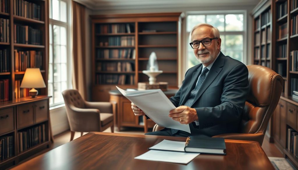 A warm, inviting office interior with floor-to-ceiling bookshelves lining the walls, a large oak desk in the center, and a comfortable leather armchair positioned in front of it. Soft, diffused lighting creates a sense of professionalism and trust. An elder, bespectacled individual, dressed in a tailored suit, sits at the desk, reviewing legal documents with a serious yet reassuring expression. Through the window behind the desk, a tranquil garden scene with lush greenery and a fountain can be seen, symbolizing the secure and peaceful future the trust is designed to protect.