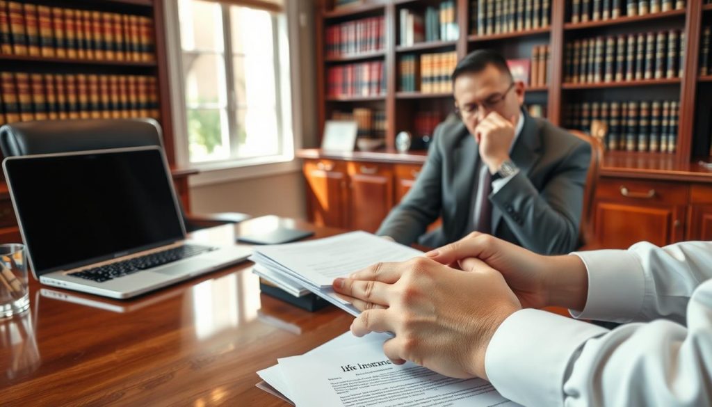 A warm, inviting office setting with a large wooden desk, a comfortable leather chair, and a bookshelf filled with legal tomes. On the desk, a laptop, a pen holder, and a stack of documents labeled "Life Insurance Trust." Soft natural light filters through the window, casting a gentle glow on the scene. In the foreground, a trustee's hands carefully reviewing the paperwork, their expression contemplative and focused. The overall atmosphere conveys a sense of professionalism, security, and the care being taken to ensure the client's financial future.