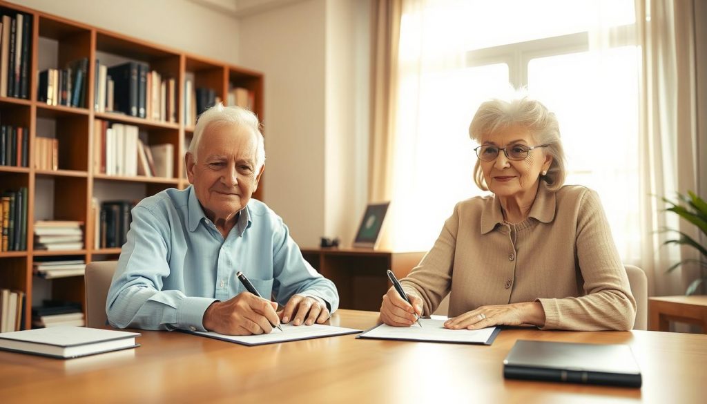 A warm, natural-lit office scene with an elderly couple sitting at a desk, signing legal documents. The husband and wife are focused, their expressions conveying a sense of trust and reliance. In the background, a large window lets in soft, diffused sunlight, casting a cozy glow. Bookshelves line the walls, hinting at the importance of this legal matter. The desktop is clean, save for the paperwork and a pen, emphasizing the gravity of the power of attorney decision. The composition is balanced, drawing the viewer's eye to the central figures making this critical life choice. A warm, natural-lit office scene with an elderly couple sitting at a desk, signing legal documents. The husband and wife are focused, their expressions conveying a sense of trust and reliance. In the background, a large window lets in soft, diffused sunlight, casting a cozy glow. Bookshelves line the walls, hinting at the importance of this legal matter. The desktop is clean, save for the paperwork and a pen, emphasizing the gravity of the power of attorney decision. The composition is balanced, drawing the viewer's eye to the central figures making this critical life choice.