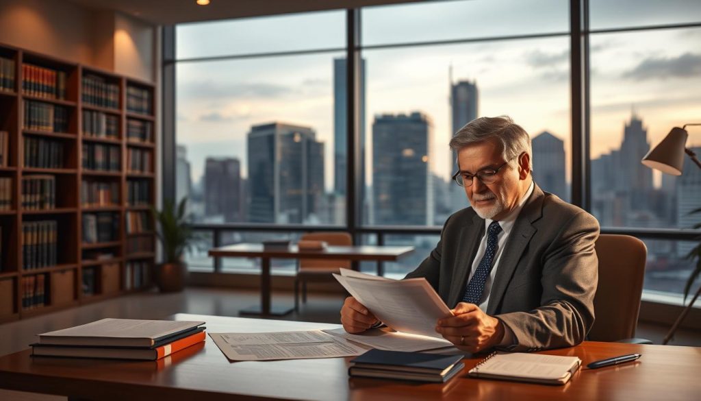 A warm, softly-lit interior scene of a professional legal office. In the foreground, a mature, trustworthy-looking lawyer sits at a desk, attentively reviewing documents. Bookshelves line the walls in the middle ground, conveying a sense of expertise and authority. Through large windows in the background, a cityscape of modern high-rises can be seen, suggesting an urban setting. The overall mood is one of reassurance and confidence, suitable for illustrating the process of transferring property to a trust. A warm, softly-lit interior scene of a professional legal office. In the foreground, a mature, trustworthy-looking lawyer sits at a desk, attentively reviewing documents. Bookshelves line the walls in the middle ground, conveying a sense of expertise and authority. Through large windows in the background, a cityscape of modern high-rises can be seen, suggesting an urban setting. The overall mood is one of reassurance and confidence, suitable for illustrating the process of transferring property to a trust.