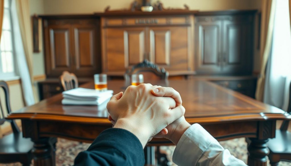 A warm, softly-lit room with a large, ornate wooden table at the center. On the table, a stack of legal documents and a glass of amber liquor, conveying a sense of contemplation and decision-making. In the foreground, a pair of hands, one grasping the other in a gesture of trust, without the visible presence of a physical will. The lighting casts a subtle glow, creating an atmosphere of solemnity and uncertainty. The background is slightly blurred, drawing the eye to the central tableau and the trust without will it represents.