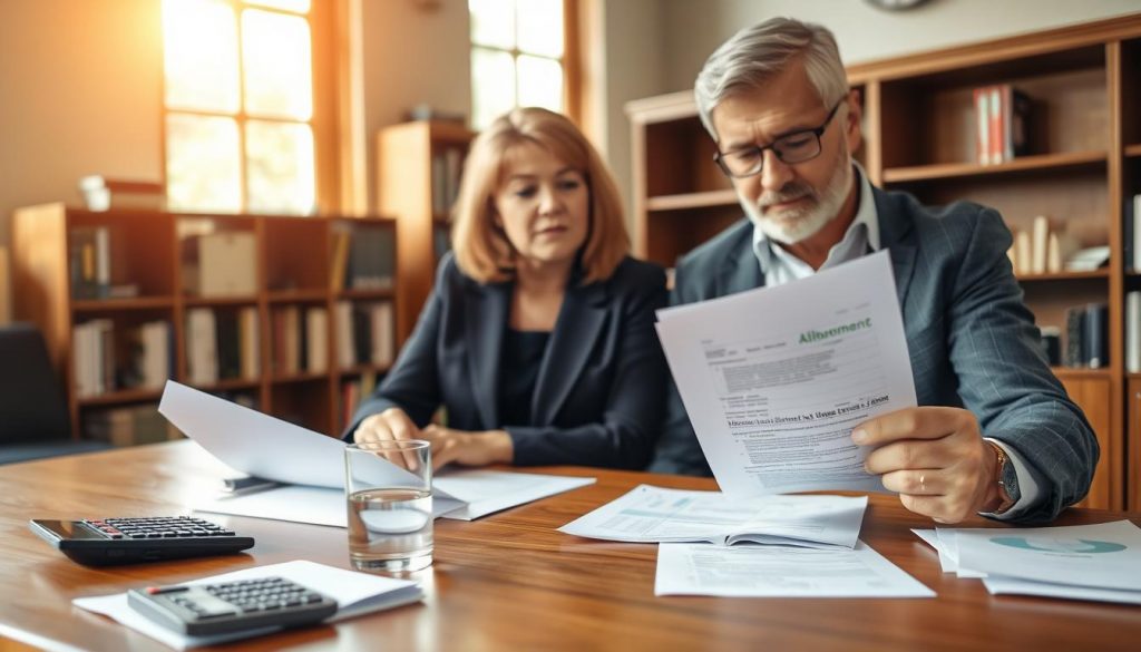 A warm, sunlit office interior with a wooden desk and bookshelves in the background. On the desk, financial documents, a calculator, and a glass of water sit neatly organized. In the foreground, a middle-aged couple, dressed in professional attire, review inheritance tax allowance paperwork, their expressions thoughtful and engaged. The scene conveys a sense of financial planning and responsible decision-making, with a focus on the married couple's inheritance tax considerations.