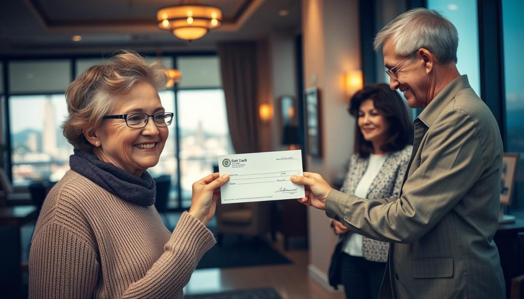 A warm, thoughtful scene of a person making a charitable donation to a non-profit organization. The foreground depicts the donor, a kind-looking individual, presenting a check or cash to a representative of the charitable group, conveying a sense of fulfillment and generosity. The middle ground shows the interior of a well-appointed office or reception area, with tasteful décor and furnishings that suggest an established, respected institution. In the background, glimpses of city skyline or natural landscapes provide a sense of connection to the wider world. The lighting is soft and inviting, creating a mood of sincerity and care. Composition emphasizes the act of giving, with the figures in the center and the surroundings framing the moment. A warm, thoughtful scene of a person making a charitable donation to a non-profit organization. The foreground depicts the donor, a kind-looking individual, presenting a check or cash to a representative of the charitable group, conveying a sense of fulfillment and generosity. The middle ground shows the interior of a well-appointed office or reception area, with tasteful décor and furnishings that suggest an established, respected institution. In the background, glimpses of city skyline or natural landscapes provide a sense of connection to the wider world. The lighting is soft and inviting, creating a mood of sincerity and care. Composition emphasizes the act of giving, with the figures in the center and the surroundings framing the moment.