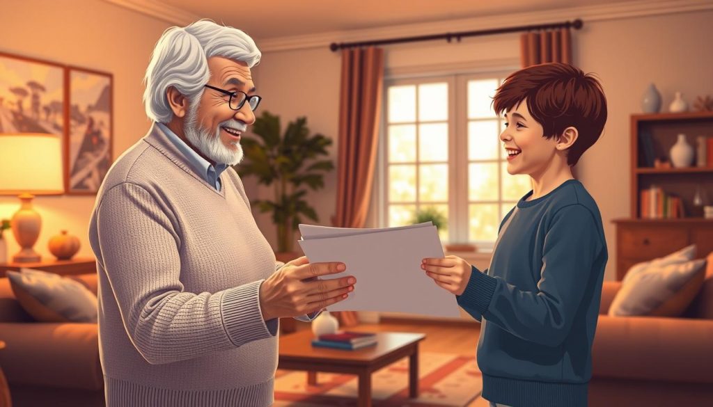 A warm-toned, photorealistic illustration showcasing potential inheritance tax-free gifts to grandchildren. In the foreground, a smiling grandparent hands over a stack of documents to their beaming grandchild, representing the legal and financial transfer of wealth. The middle ground features a cozy, tastefully decorated living room, evoking a sense of family and legacy. In the background, a large window illuminates the scene with soft, natural lighting, casting a gentle glow. The overall composition conveys a mood of familial warmth, financial security, and the intergenerational passing of assets.