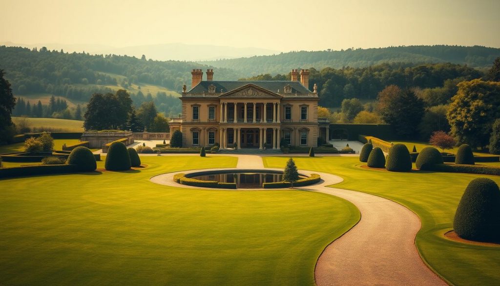 A warm-toned, photorealistic image of an ornate and stately manor house, set amidst a sprawling, manicured estate. The manor's facade features grand columns, arched windows, and intricate moldings, exuding an air of timeless elegance. The foreground showcases a well-maintained lawn, dotted with neatly trimmed hedges and a winding gravel path leading to the main entrance. In the middle ground, a serene pond reflects the manor's grandeur, while the background features a lush, verdant landscape of rolling hills and dense woodlands. The lighting is soft and diffused, creating a sense of tranquility and old-world charm. The overall composition conveys the idea of wealth, heritage, and the careful preservation of family assets.