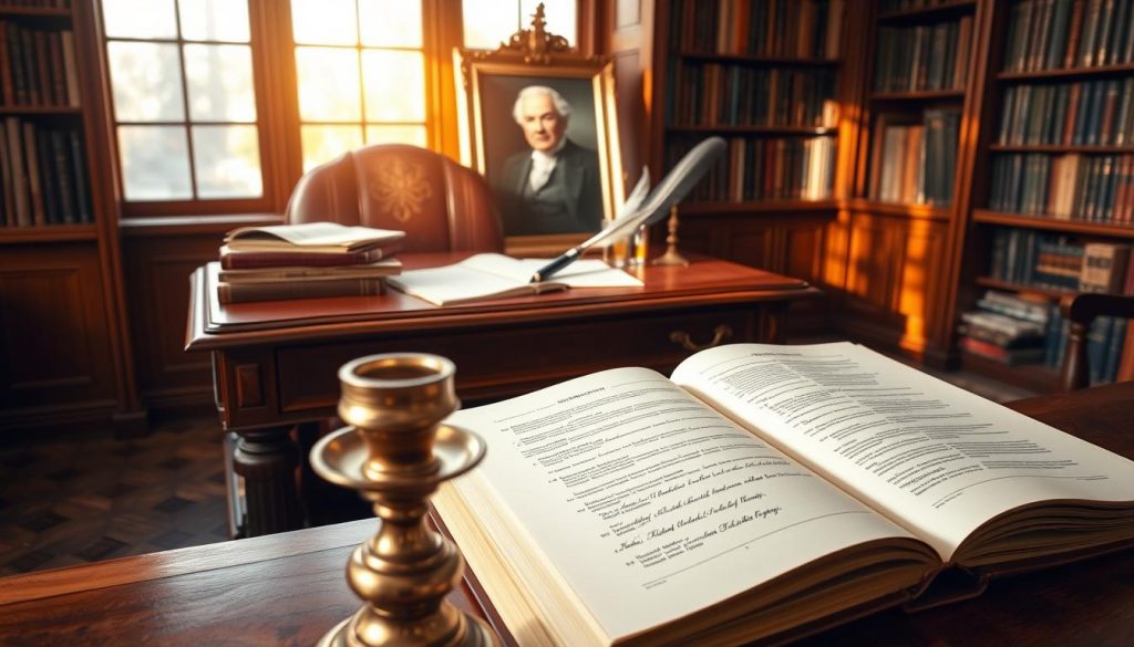 A warm, well-lit study with an ornate wooden desk, a stack of legal documents, and a quill pen. On the desk, a glass of brandy and a portrait of a distinguished-looking elderly gentleman. Bookshelves line the walls, casting soft shadows. In the foreground, a brass candlestick and an open ledger, its pages detailing charitable donations and inheritance tax planning. The atmosphere is one of contemplation and financial stewardship, capturing the essence of a thoughtful legacy.
