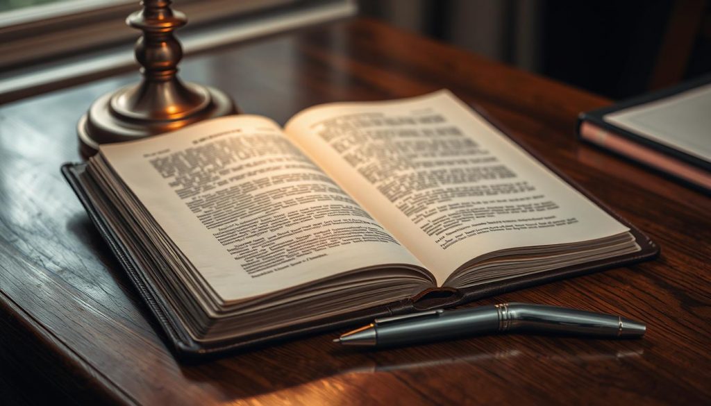 A weathered leather-bound book lying open on a polished oak desk, the pages revealing carefully typed legal documents. A metallic pen rests beside it, its nib gleaming under the soft illumination of a brass desk lamp. The atmosphere is one of quiet contemplation, with muted tones and a sense of the gravity of the task at hand. The composition is balanced, with the book and pen occupying the central focus, while the background fades into a subtle, blurred elegance. The lighting is warm and inviting, casting gentle shadows that add depth and dimension to the scene.