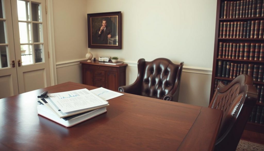 A well-appointed home office with a large wooden desk, an antique armchair, and a bookshelf filled with leather-bound volumes. A warm, muted color palette creates an atmosphere of quiet contemplation. Soft, directional lighting casts subtle shadows, highlighting the intricate wood grain and rich textures. On the desk, a carefully arranged stack of documents and a tablet display financial planning charts, symbolizing the careful consideration of inheritance tax strategies. The overall scene conveys the thoughtful, meticulous nature of effective inheritance tax planning.
