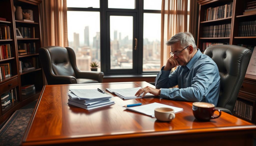 A well-appointed office with a large wooden desk, bookshelves, and a comfortable armchair. On the desk, a stack of financial documents, a pen, and a mug of coffee. In the background, a large window overlooking a city skyline, bathed in warm, diffused natural light. The overall atmosphere is one of thoughtful contemplation, as the subject considers the intricacies of charitable donations and inheritance tax planning.